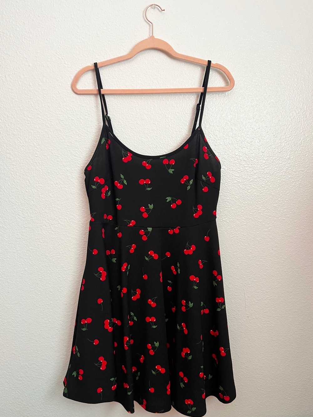 Black Cherry Print Spaghetti Strap Skater Dress